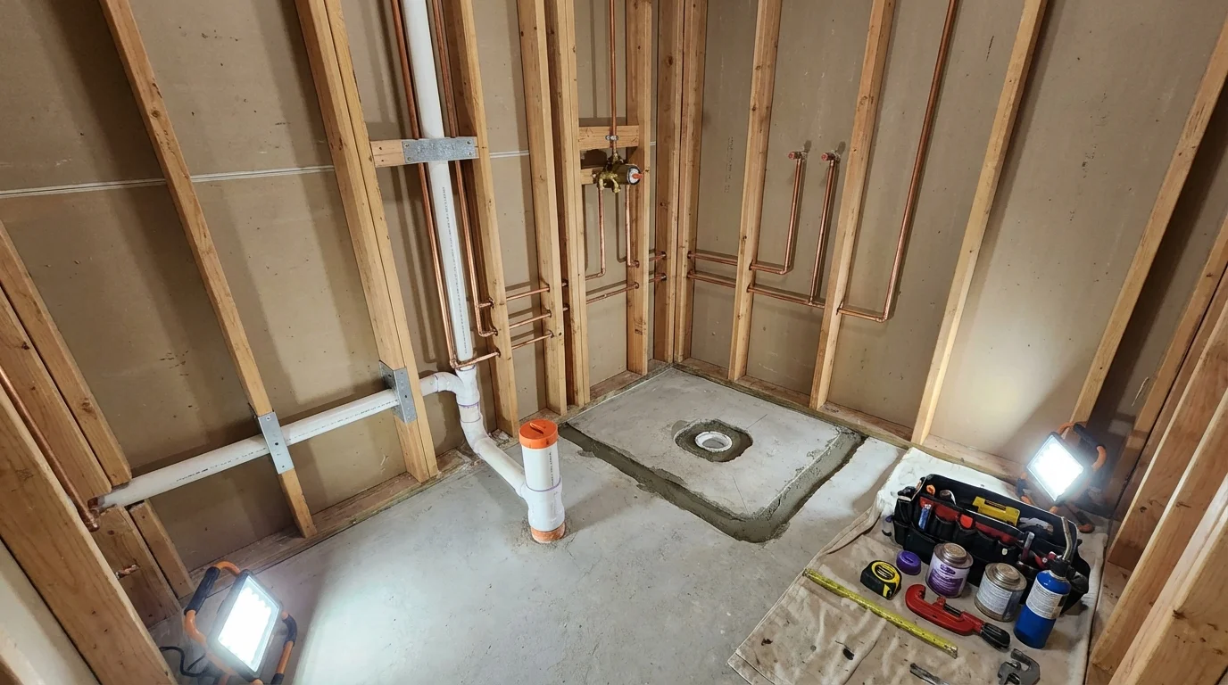 Bathroom rough-in plumbing during remodel by Johns Plumbing LLC in Atkins