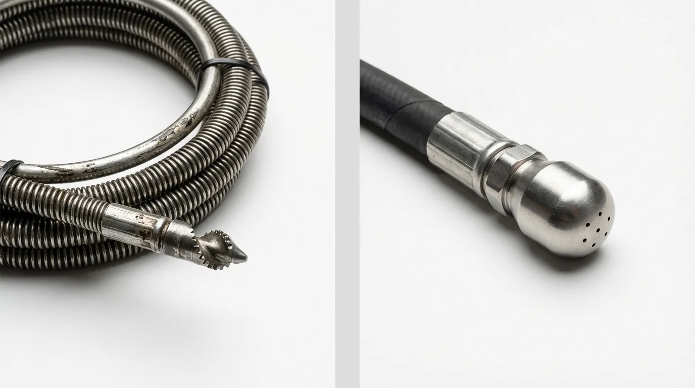 Drain snake cable and hydro jetting nozzle used for drain cleaning in Atkins, IA
