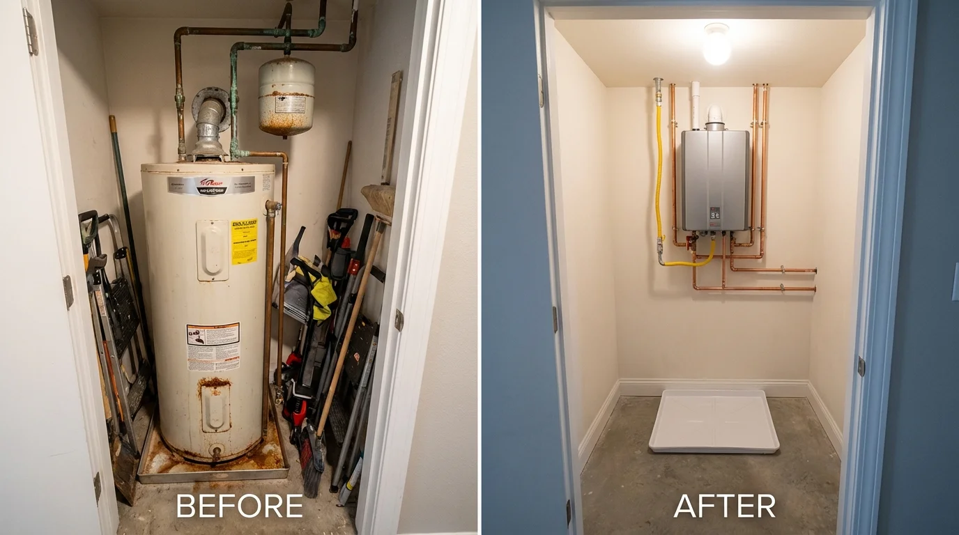 Tank water heater versus wall-mounted tankless unit comparison for Atkins, IA homeowners