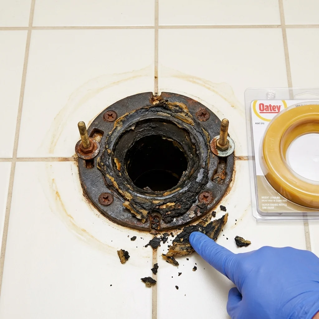 Failed wax ring showing water seepage at the base of a toilet in a Atkins, IA home