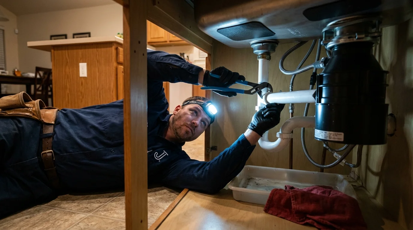 P-trap and supply line connections under a kitchen sink showing a common leak point in Atkins, IA